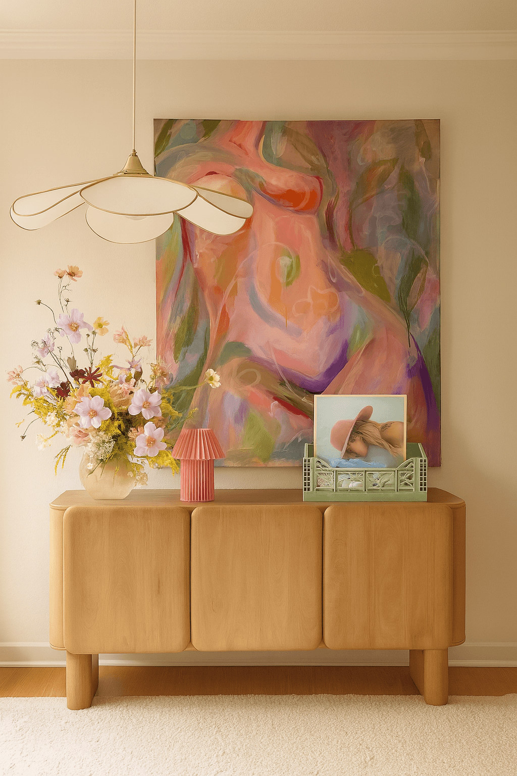 Decorative interior with a wooden console table, colorful abstract painting, and floral arrangement.