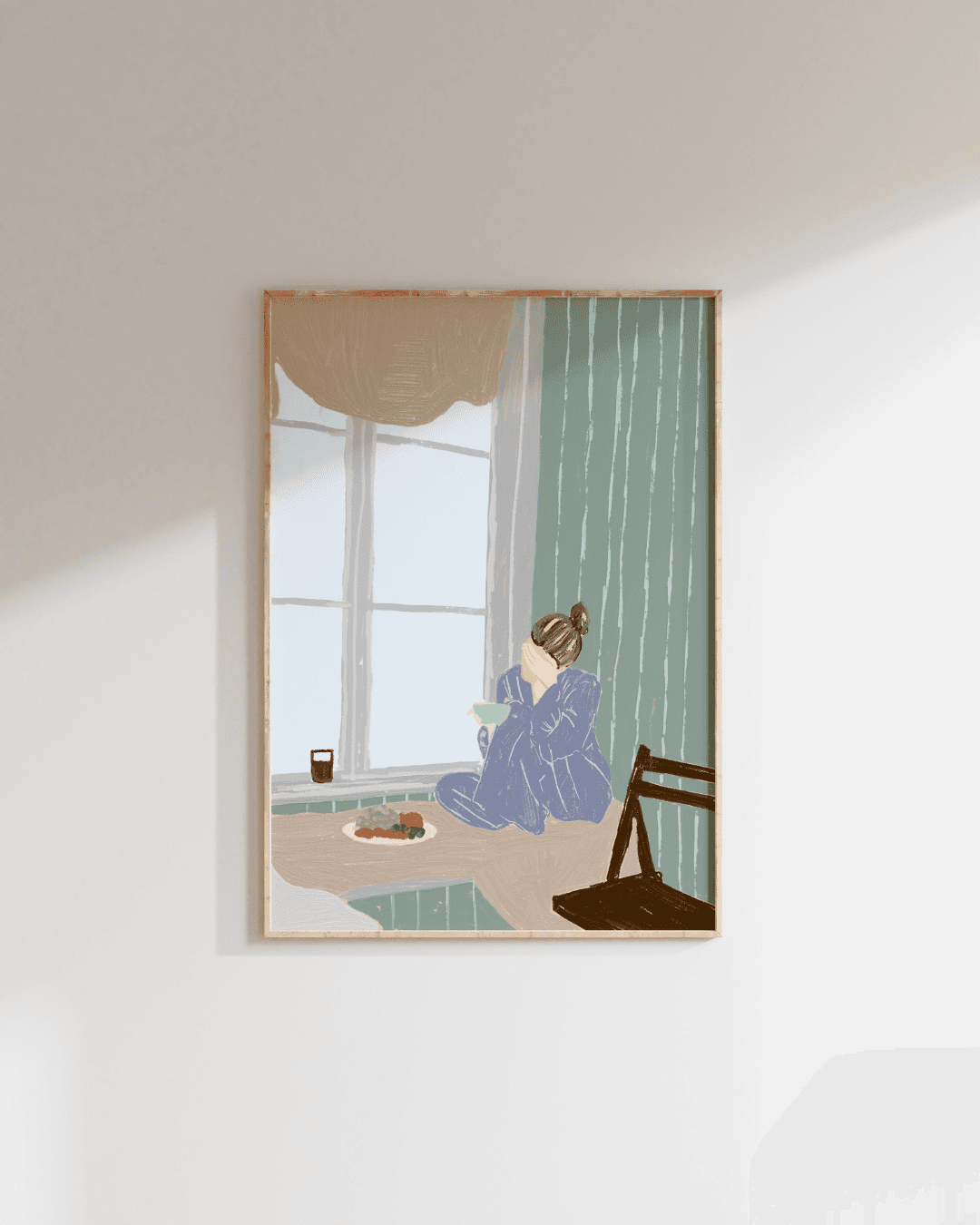 a painting of a woman sitting on a chair in front of a window