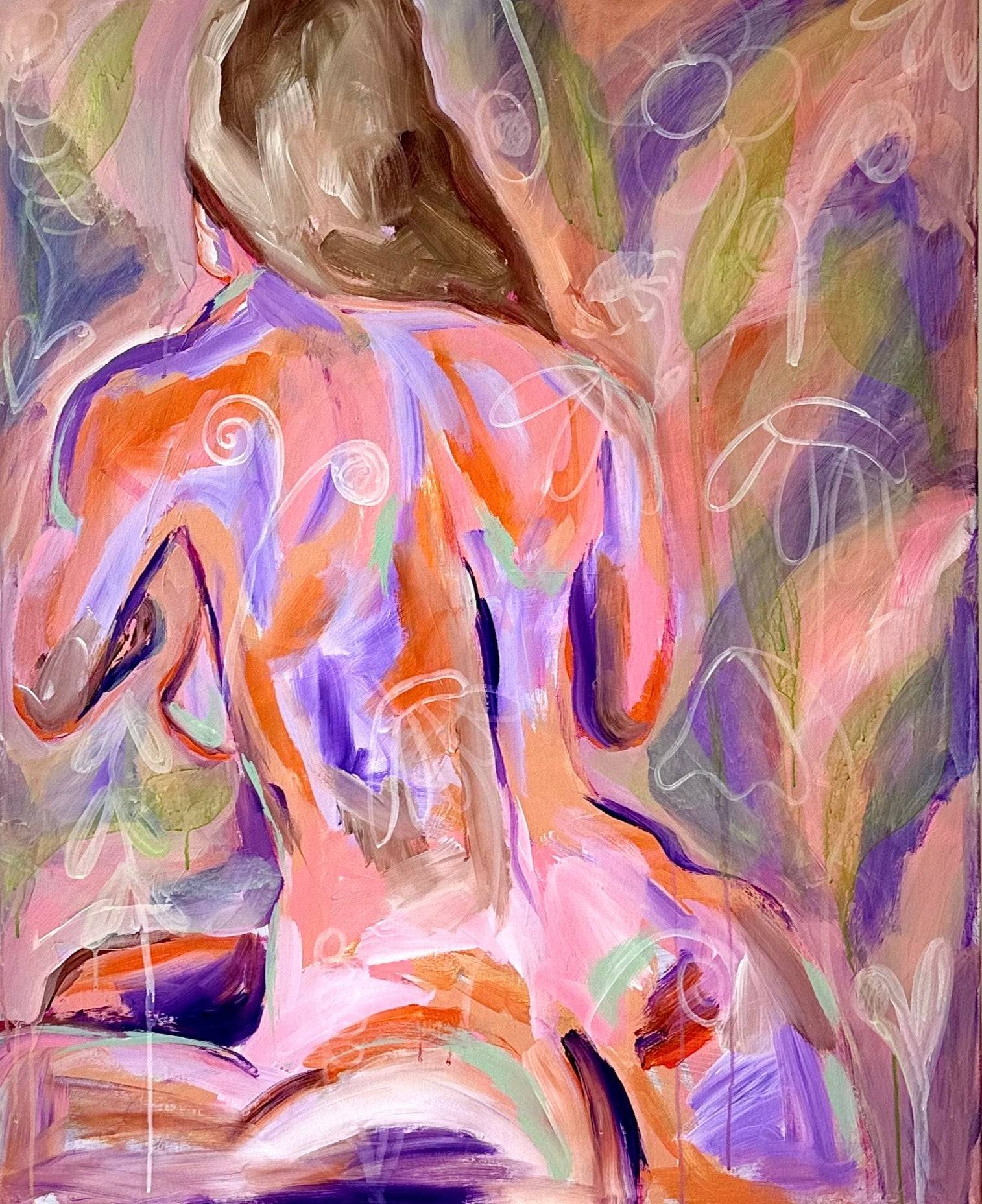 Abstract painting with vibrant colors on a white wall