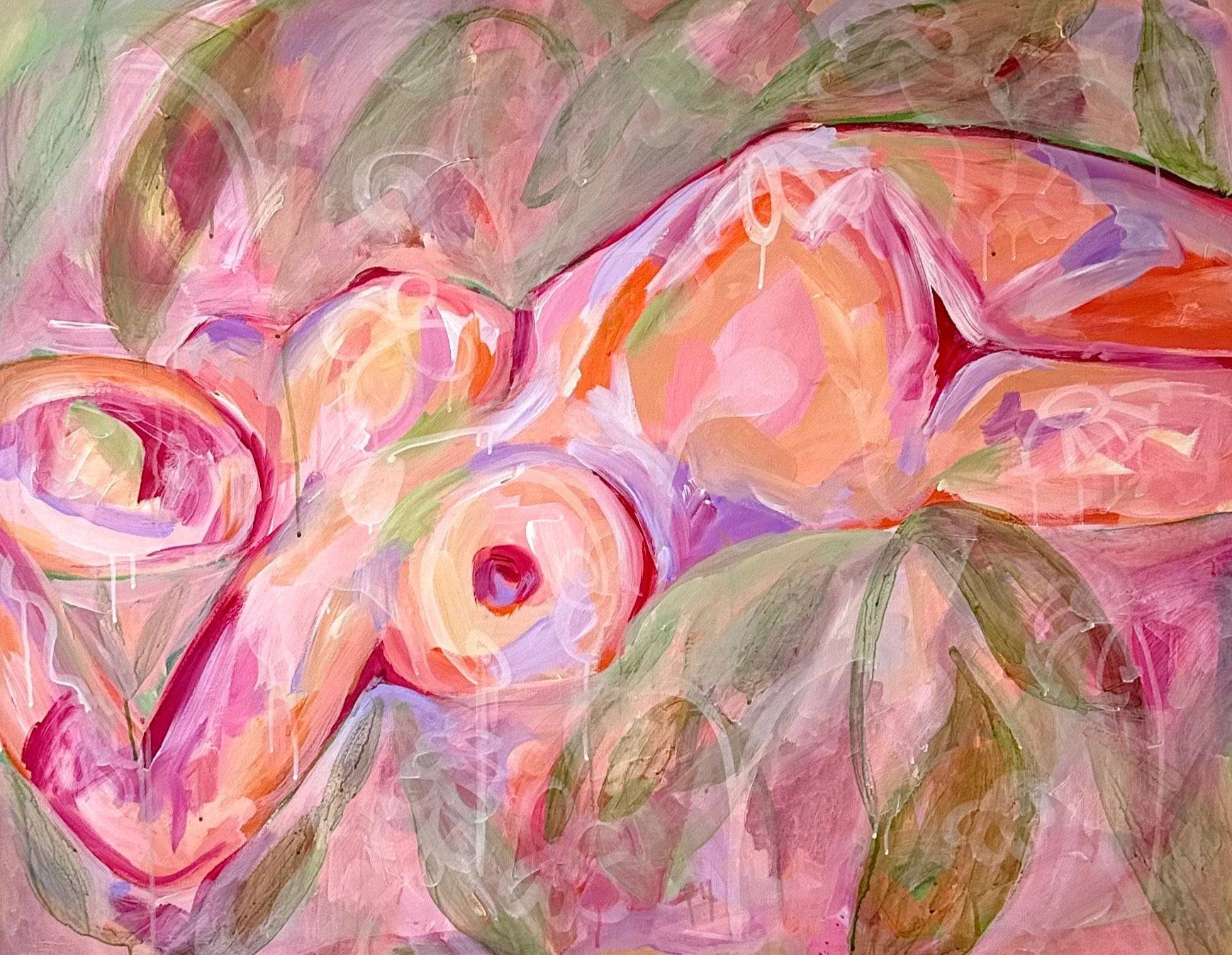 Abstract painting with pink and green tones on a white wall