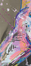 Abstract painting of a stylized female torso and upper legs rendered in expressive brushstrokes of pink, purple, blue, white, and yellow on a textured gray background with paint splatters.