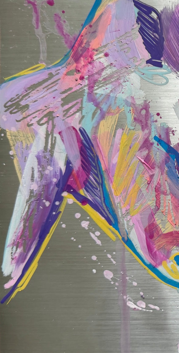 Vibrant abstract painting of a horse head in profile, rendered with expressive brushstrokes in pink, purple, blue, yellow, and white on a brushed silver background.