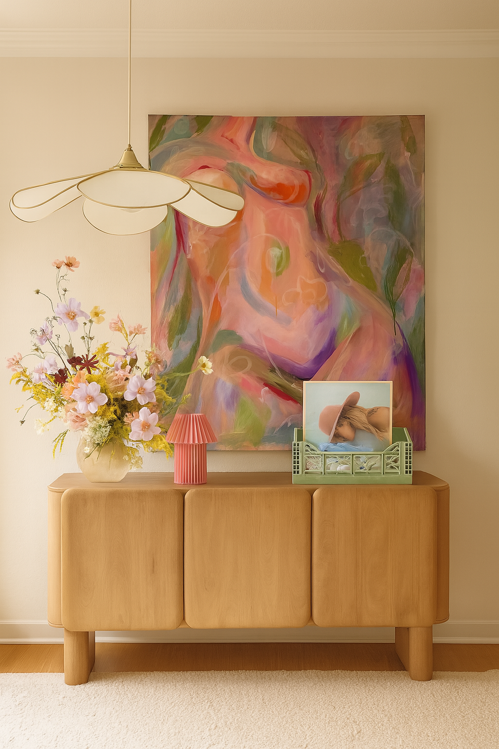 Decorative interior with a wooden console table, colorful abstract painting, and floral arrangement.